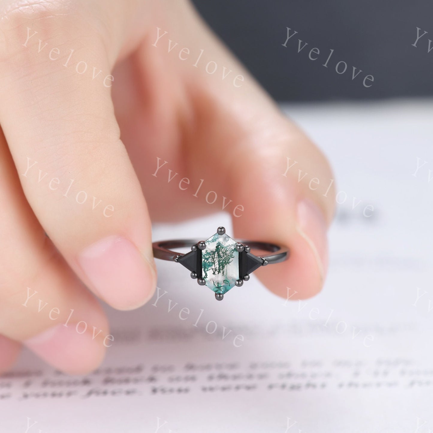 Hexagon Cut Moss Agate Engagement Ring,Unique Natural Agate Ring,Triangle Black Spinel Stone Promise Ring,Anniversary Gift ,Black Gold Ring