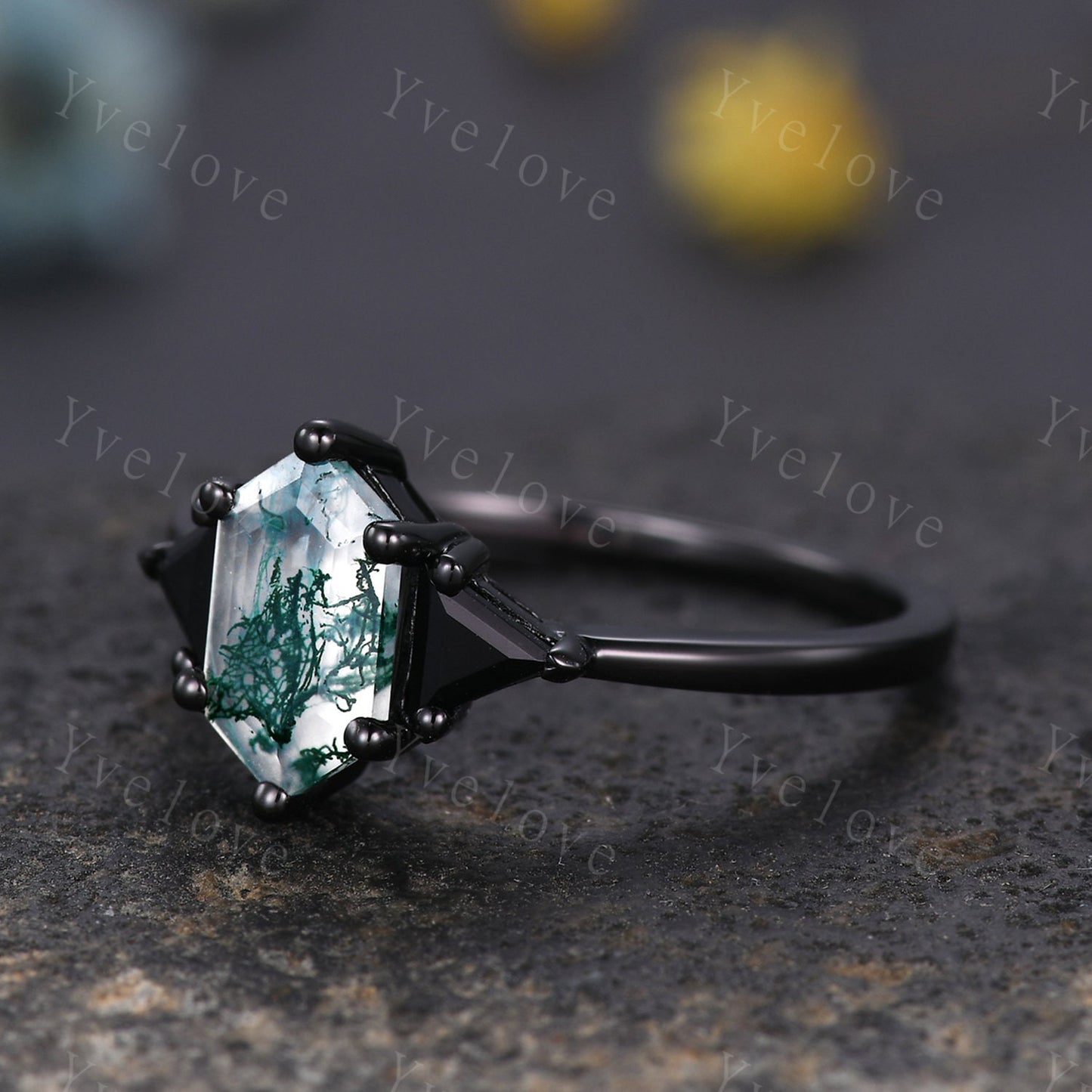 Hexagon Cut Moss Agate Engagement Ring,Unique Natural Agate Ring,Triangle Black Spinel Stone Promise Ring,Anniversary Gift ,Black Gold Ring