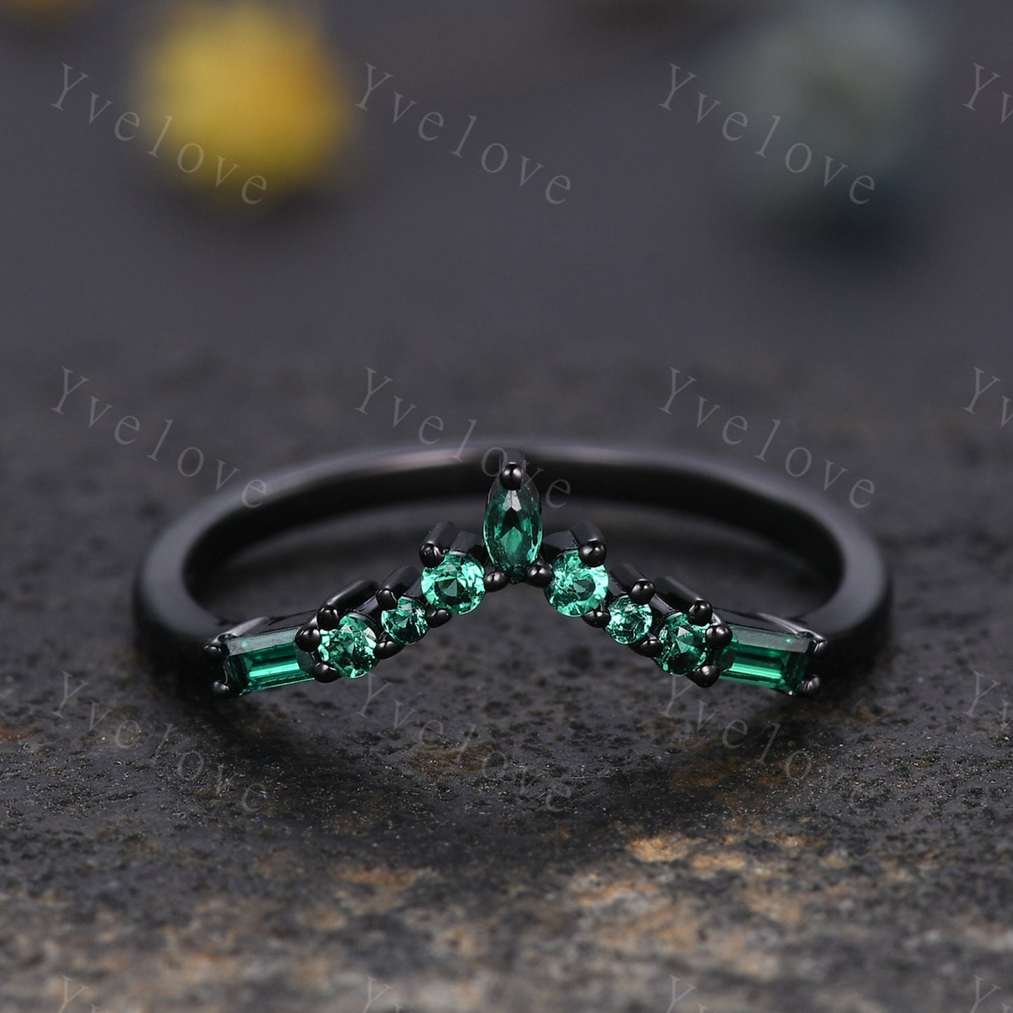 Marquise Emerald Wedding band,Baguette Green Emerald,Vintage Retro Black Gold Ring,Women V Curved Stacking Matching Promise Band Bridal Gift