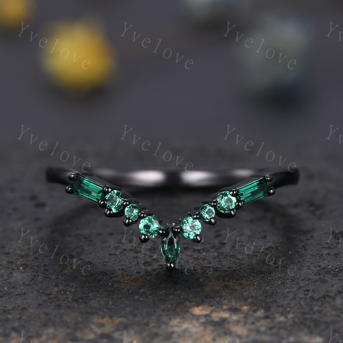Marquise Emerald Wedding band,Baguette Green Emerald,Vintage Retro Black Gold Ring,Women V Curved Stacking Matching Promise Band Bridal Gift