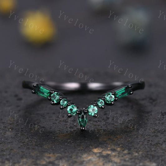 Marquise Emerald Wedding band,Baguette Green Emerald,Vintage Retro Black Gold Ring,Women V Curved Stacking Matching Promise Band Bridal Gift