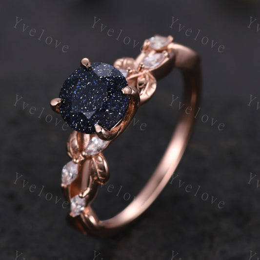 Round Blue Sandstone Engagement Ring,twig leaf marquise moissanite,14k rose gold,Galaxy sandstone vintage unique promise gift for women