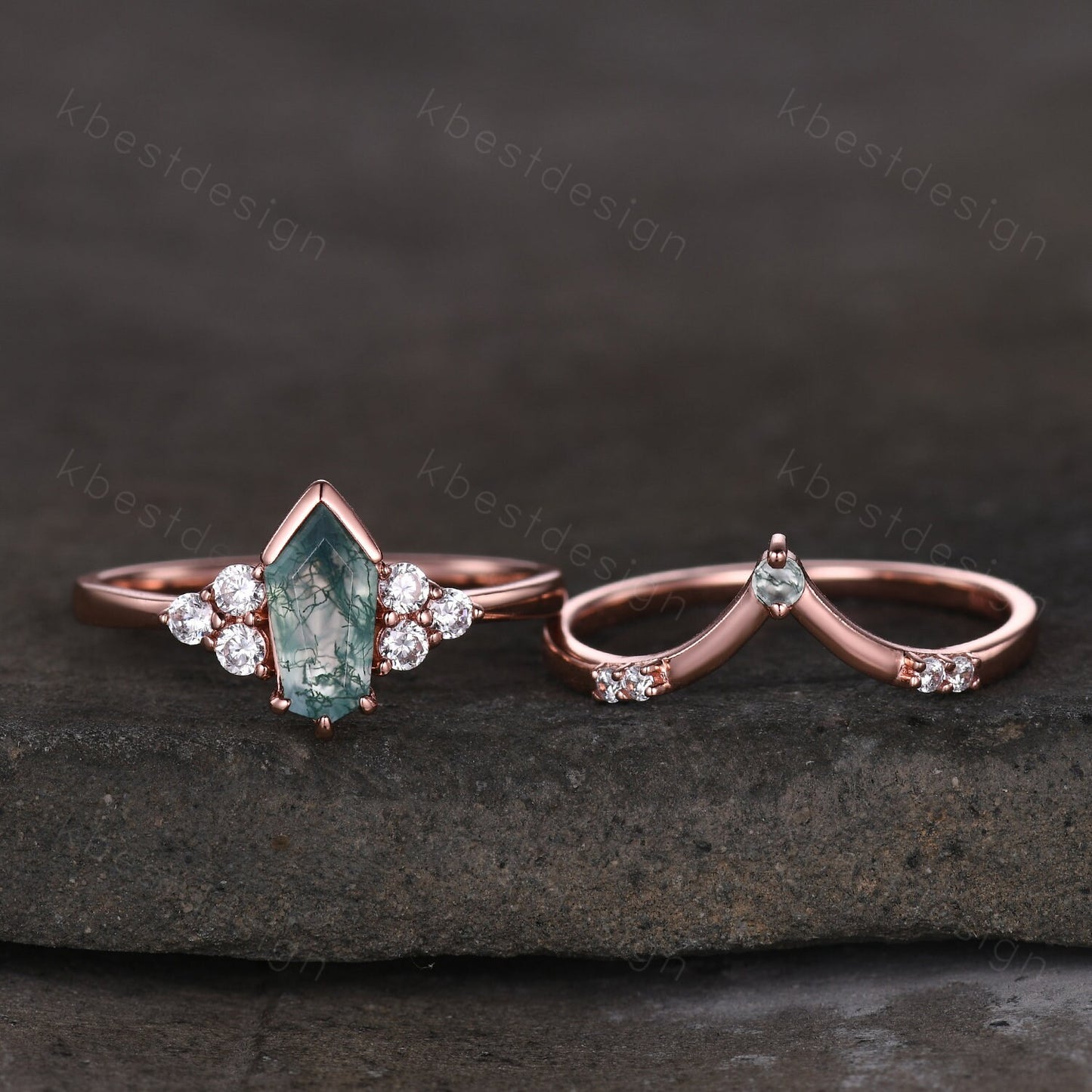Coffin cut Moss Agate engagement ring set Rose gold ring art deco cluster moissanite ring unique stacking matching band bridal promise ring