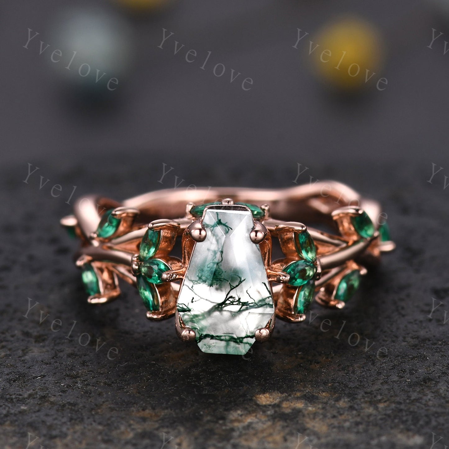Unique coffin cut moss agate engagement ring,nature inspired ring leaf marquise green emerald,14k rose gold,vintage cluster ring for women