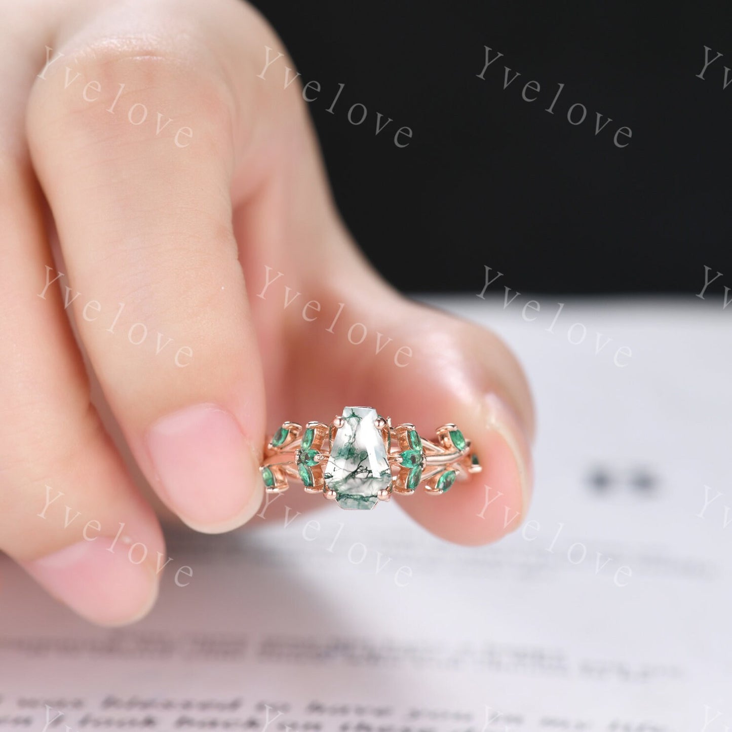 Unique coffin cut moss agate engagement ring,nature inspired ring leaf marquise green emerald,14k rose gold,vintage cluster ring for women