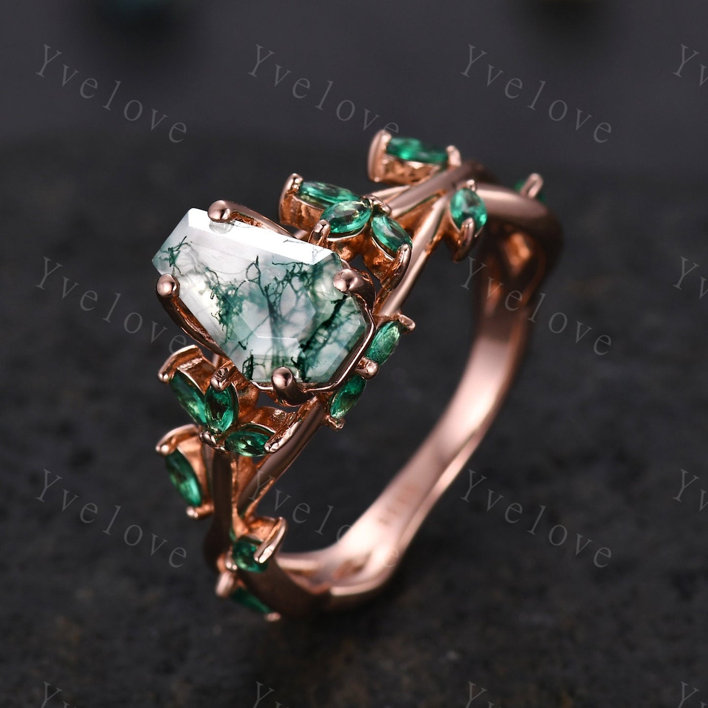 Unique coffin cut moss agate engagement ring,nature inspired ring leaf marquise green emerald,14k rose gold,vintage cluster ring for women