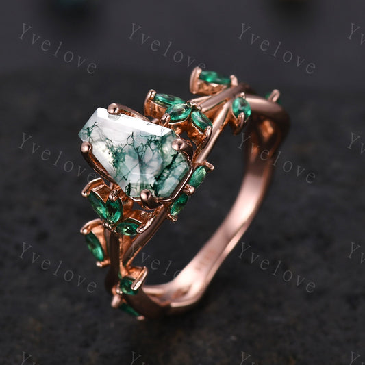 Unique coffin cut moss agate engagement ring,nature inspired ring leaf marquise green emerald,14k rose gold,vintage cluster ring for women