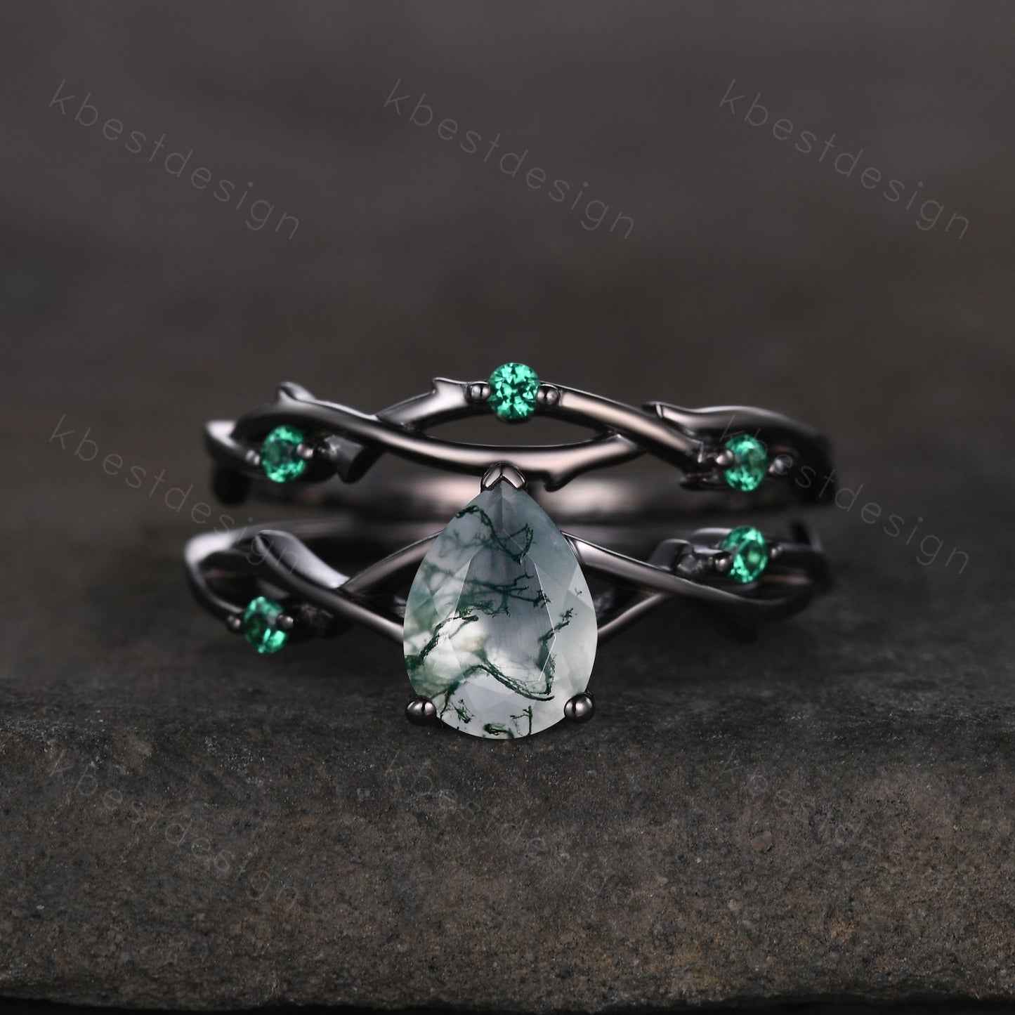 Unique Twig Moss Agate Engagement Ring Gothic Black Gold Rings Vine Emerald Stacking Wedding Band Pear cut Bridal Ring Set Green Agate Ring