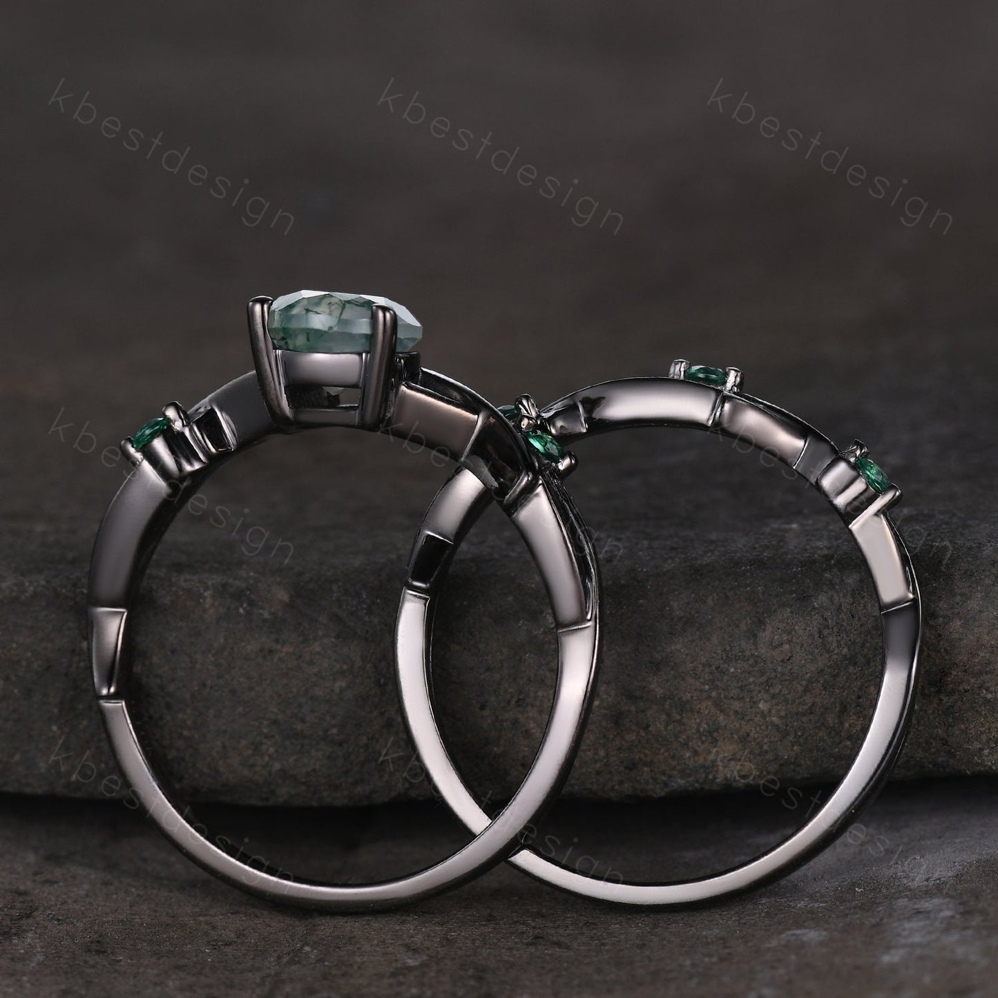 Unique Twig Moss Agate Engagement Ring Gothic Black Gold Rings Vine Emerald Stacking Wedding Band Pear cut Bridal Ring Set Green Agate Ring