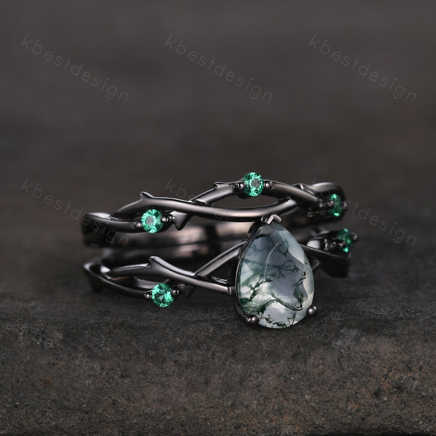 Unique Twig Moss Agate Engagement Ring Gothic Black Gold Rings Vine Emerald Stacking Wedding Band Pear cut Bridal Ring Set Green Agate Ring