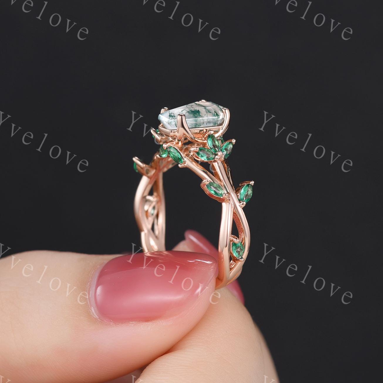Unique coffin cut moss agate engagement ring,nature inspired ring leaf marquise green emerald,14k rose gold,vintage cluster ring for women