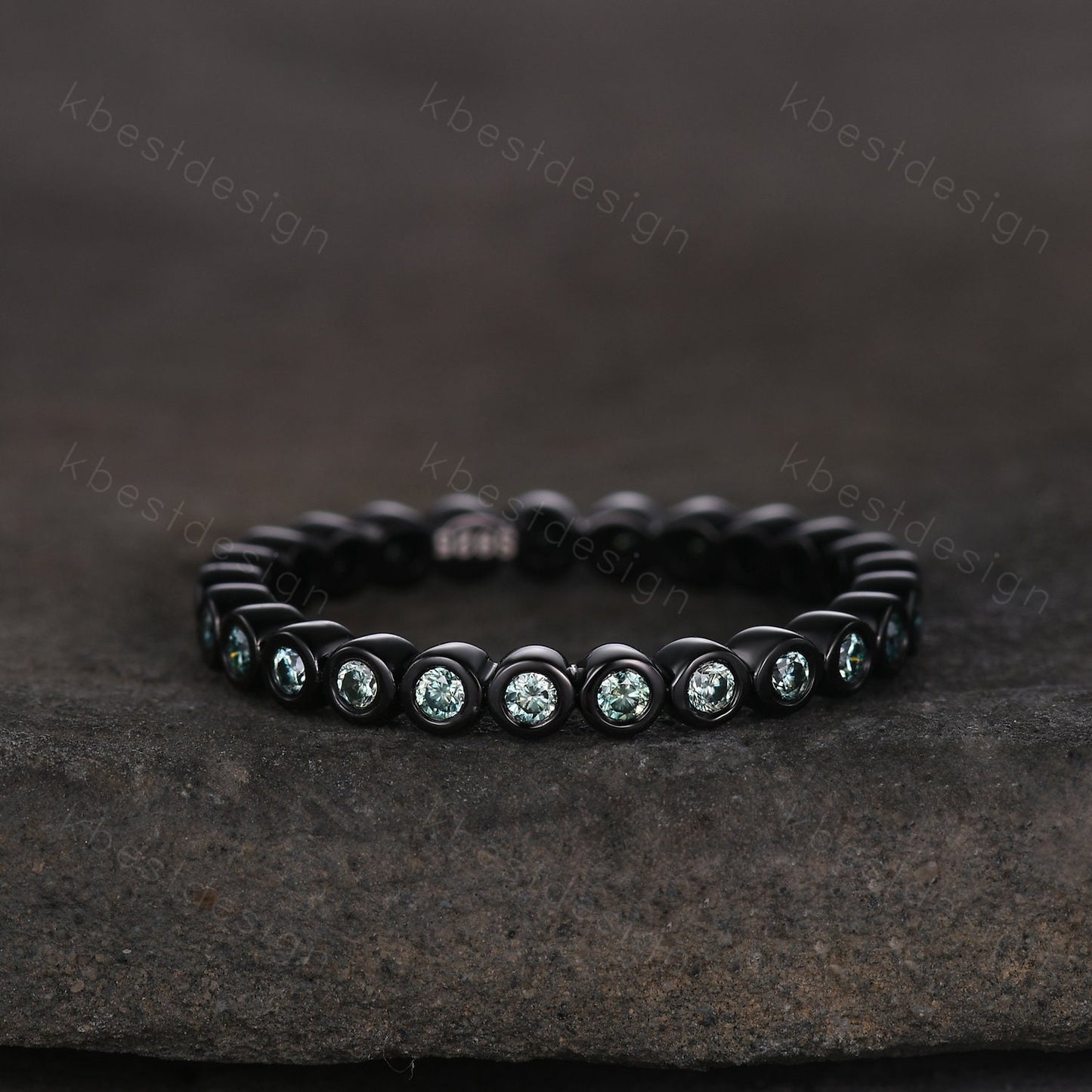 Eternity Green Moissanite Wedding Band Black Gold 2mm Moissanite Stacking Band Unique Women Matching Band Promise Anniversary Ring Bezel set
