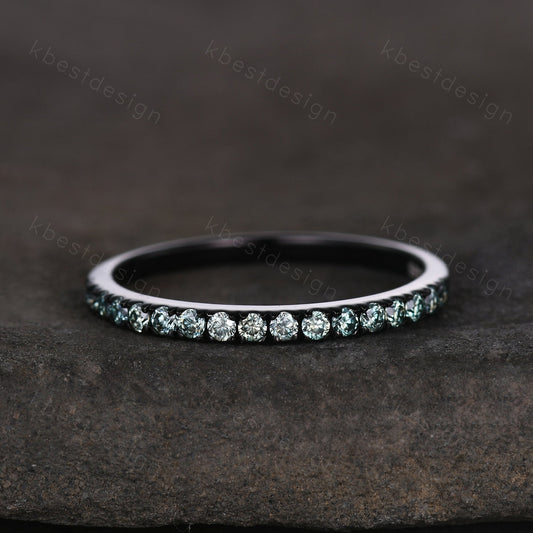 Black gold green moissanite wedding band 1.5mm half eternity stacking matching band unique dainty wedding band for women anniversary ring