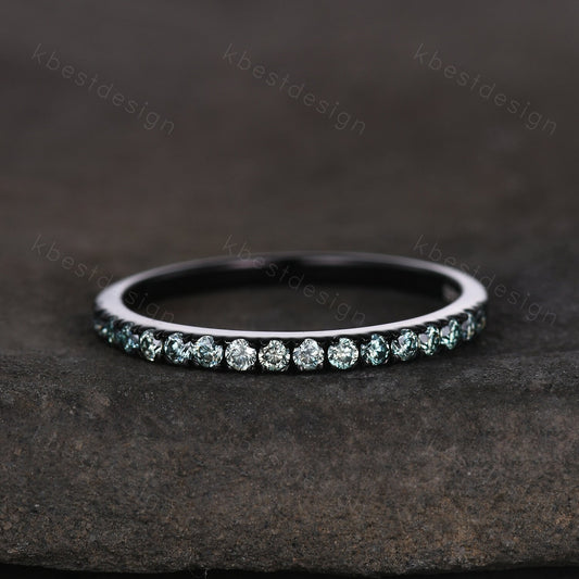Black gold green moissanite wedding band 1.5mm half eternity stacking matching band unique dainty wedding band for women anniversary ring