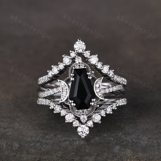 3PCS black onyx engagement ring sterling silver ring art deco curved stacking band coffin shaped bridal set unique moissanite wedding set