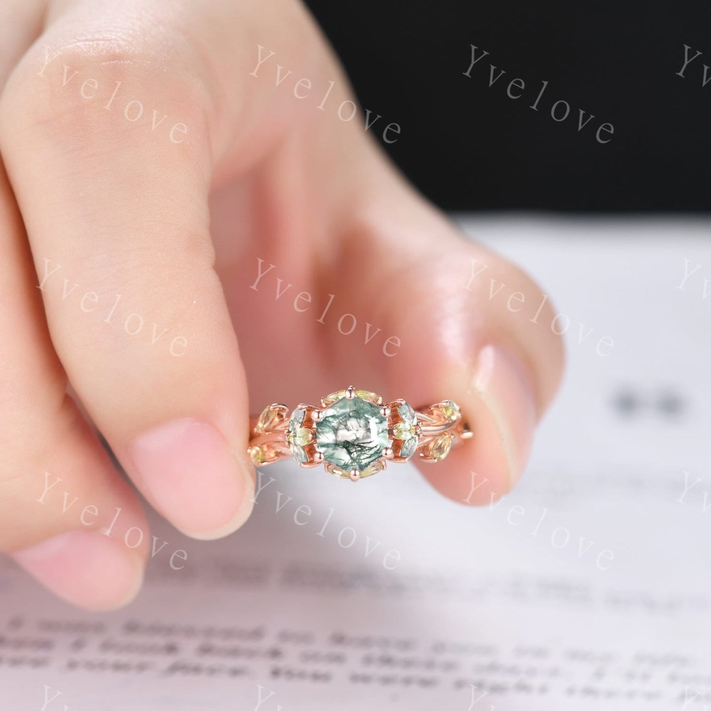 Hexagon cut moss agate engagement ring,nature inspired twig leaf marquise green peridot,rose gold ring,unique vintage promise gift for her