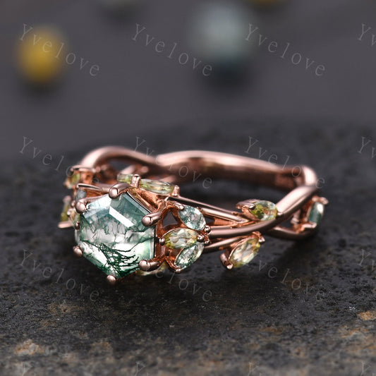 Hexagon cut moss agate engagement ring,nature inspired twig leaf marquise green peridot,rose gold ring,unique vintage promise gift for her