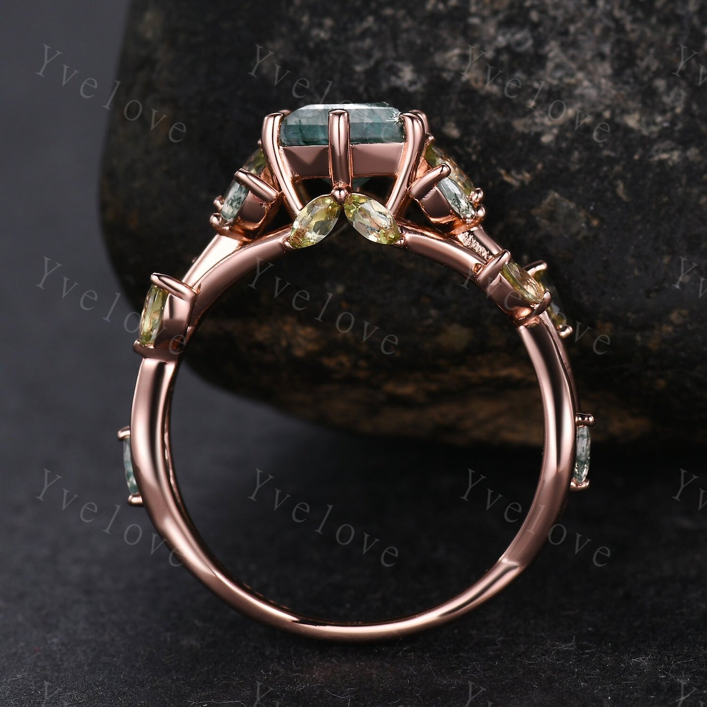 Hexagon cut moss agate engagement ring,nature inspired twig leaf marquise green peridot,rose gold ring,unique vintage promise gift for her