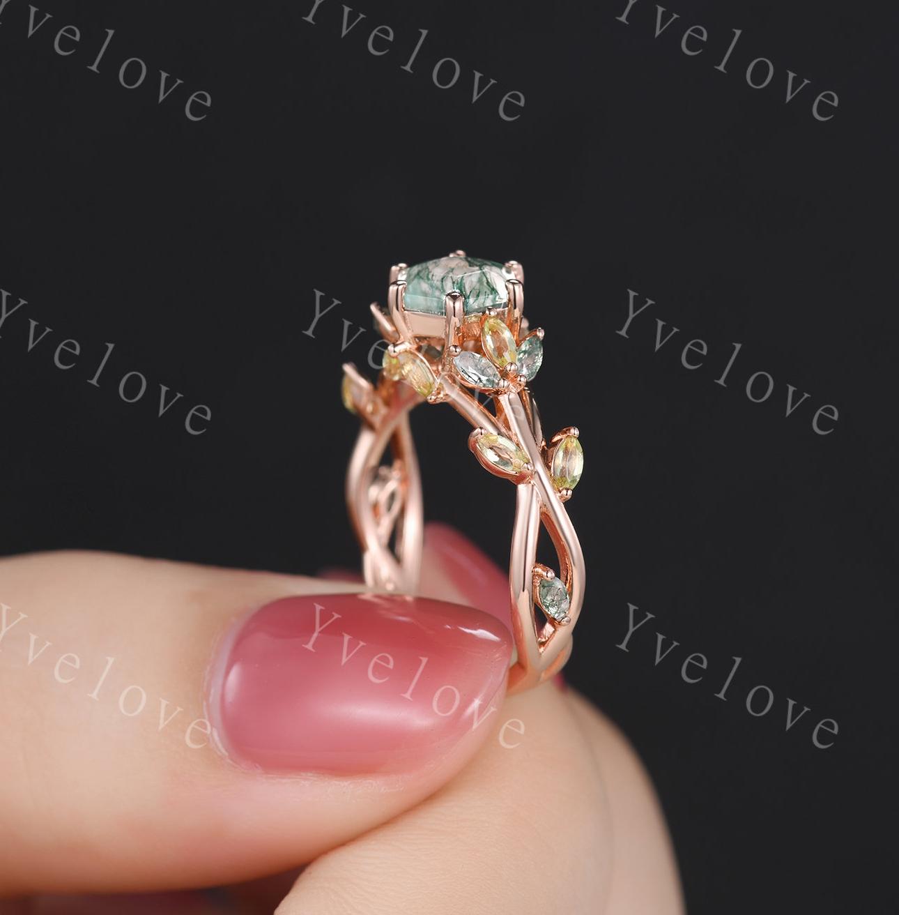 Hexagon cut moss agate engagement ring,nature inspired twig leaf marquise green peridot,rose gold ring,unique vintage promise gift for her