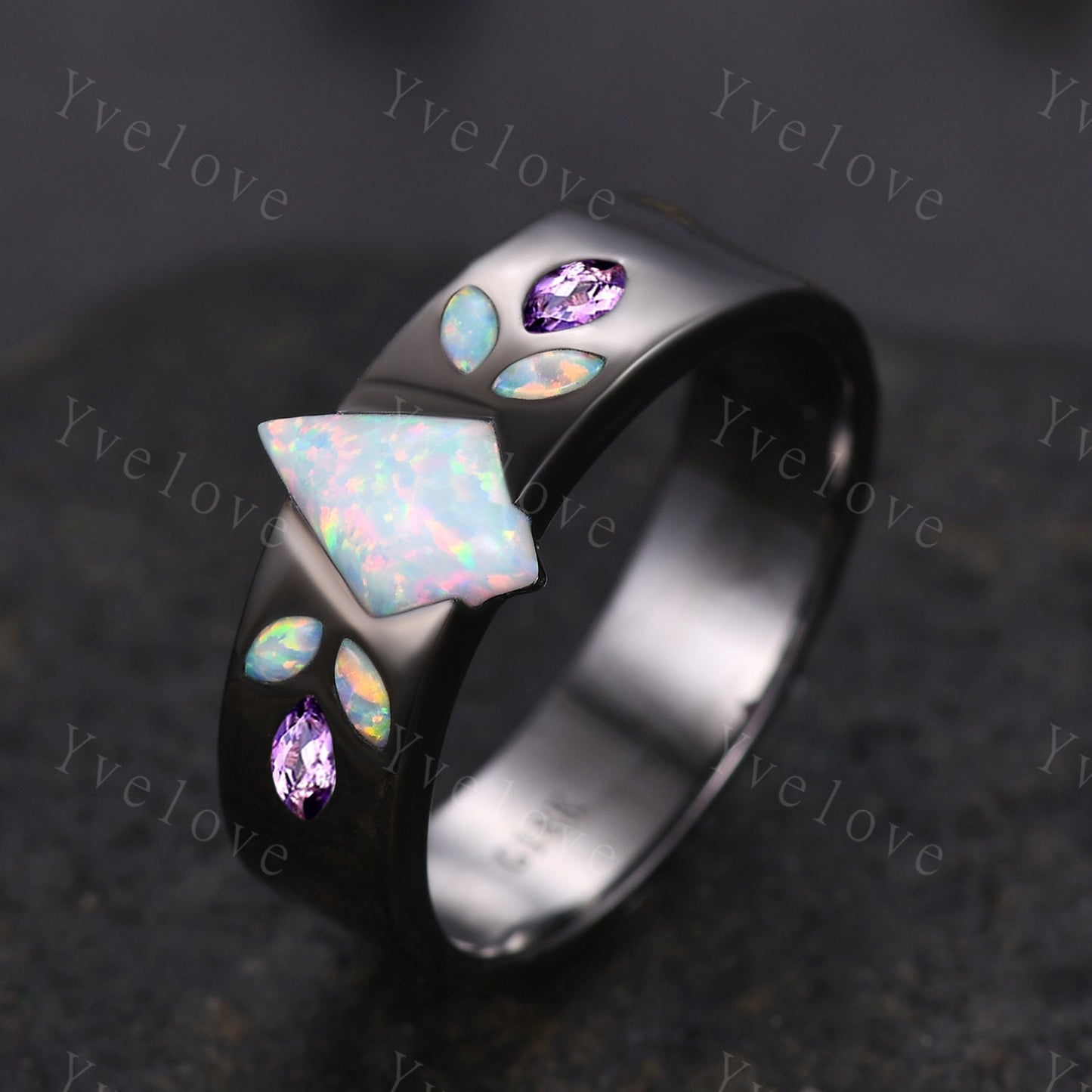 Couple Ring Mens Kite Cut White Opal Engagement Ring Marquise opal amethyst Wedding Band Black Band Mans Stacking Ring His Wedding band
