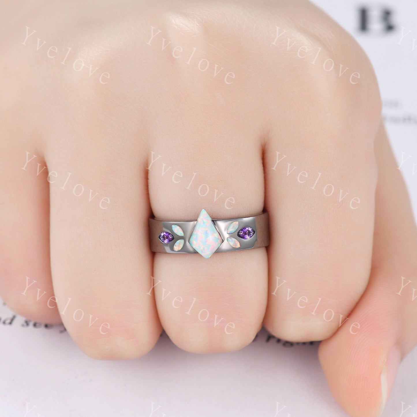 Couple Ring Mens Kite Cut White Opal Engagement Ring Marquise opal amethyst Wedding Band Black Band Mans Stacking Ring His Wedding band