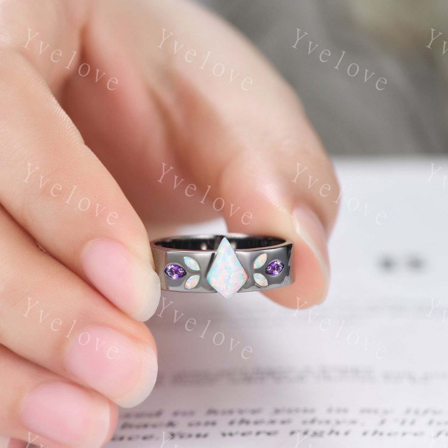 Couple Ring Mens Kite Cut White Opal Engagement Ring Marquise opal amethyst Wedding Band Black Band Mans Stacking Ring His Wedding band