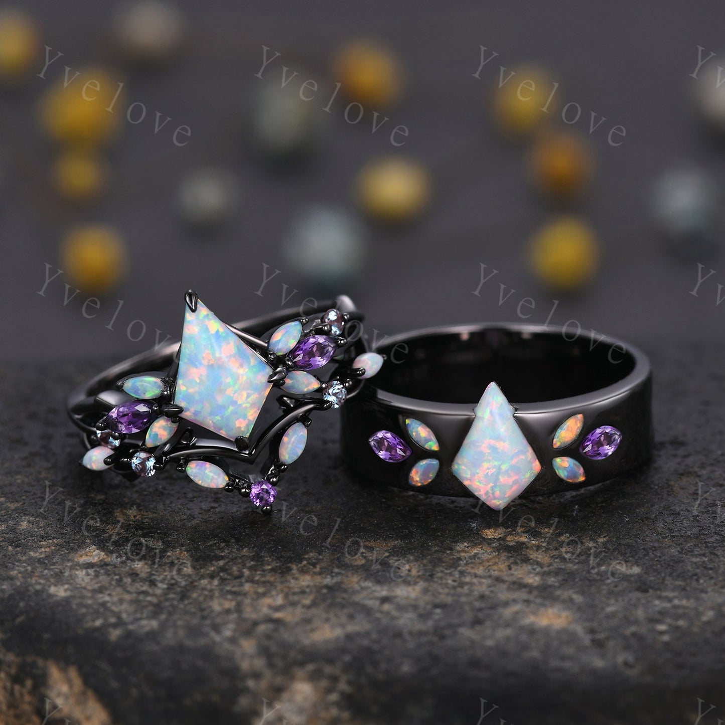 Couple Ring Mens Kite Cut White Opal Engagement Ring Marquise opal amethyst Wedding Band Black Band Mans Stacking Ring His Wedding band