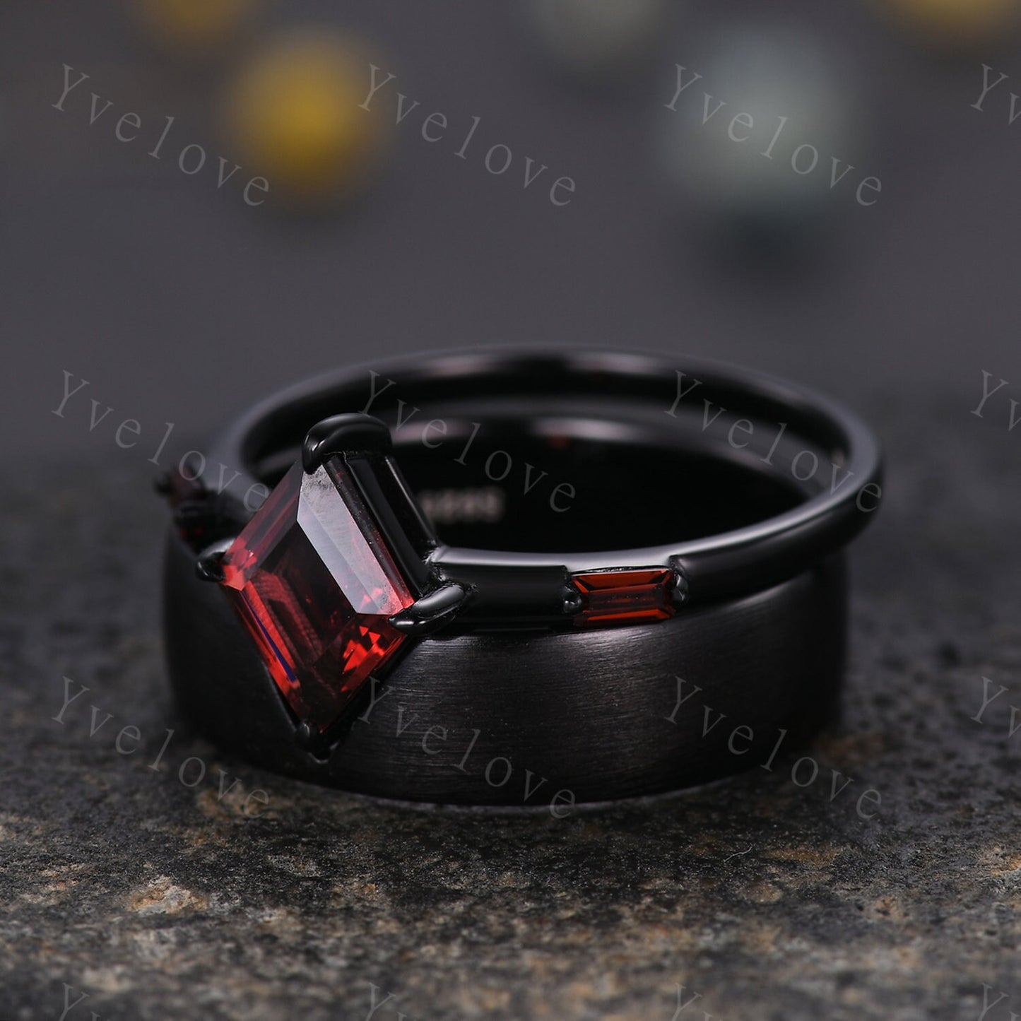 Vintage lozenge Garnet Couples Ring Black Gold Matching Ring Set His and Hers Wedding Band Promise Ring For Men For Women Natural Gemstone