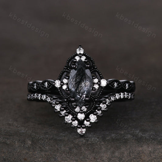 Vintage black rutilated quartz engagement ring set black gold art deco moissanite wedding band marquise cut unique bridal promise ring