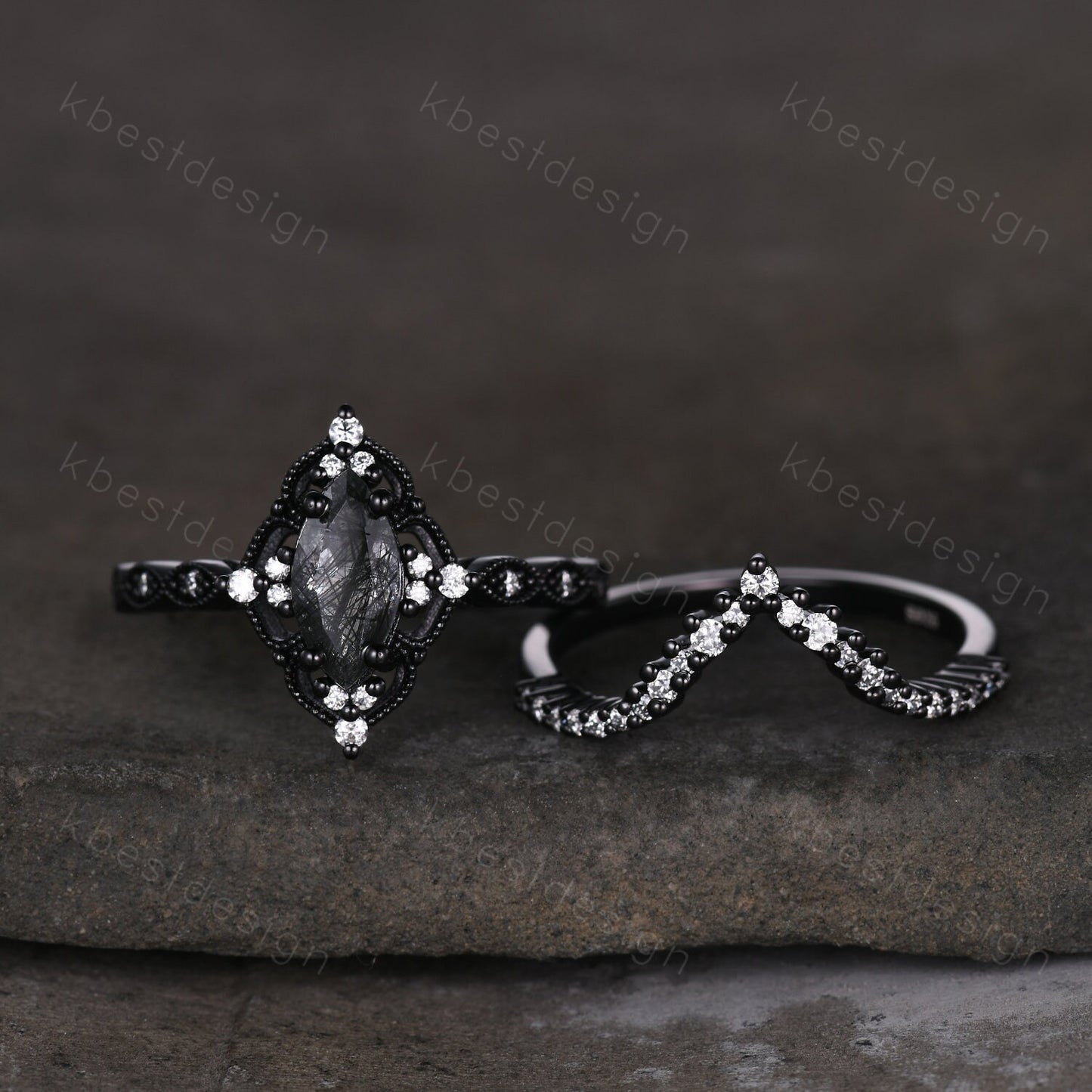 Vintage black rutilated quartz engagement ring set black gold art deco moissanite wedding band marquise cut unique bridal promise ring