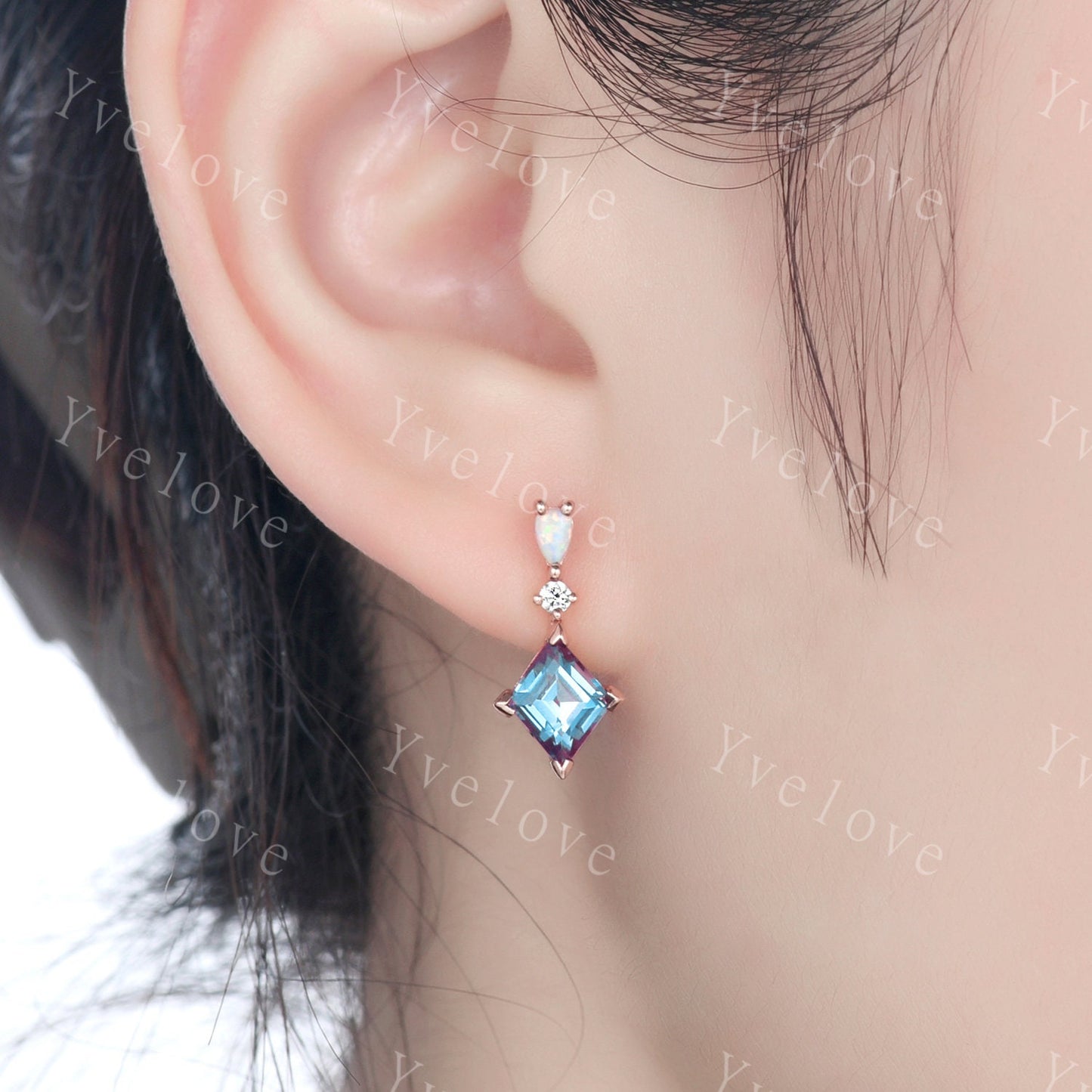 Unique Alexandrite Opal Earrings,Rhombus Cut Gems,Art Deco Diamond Delicate Dainty Drop Earrings,3 Stone Personalized Women Gift for Her