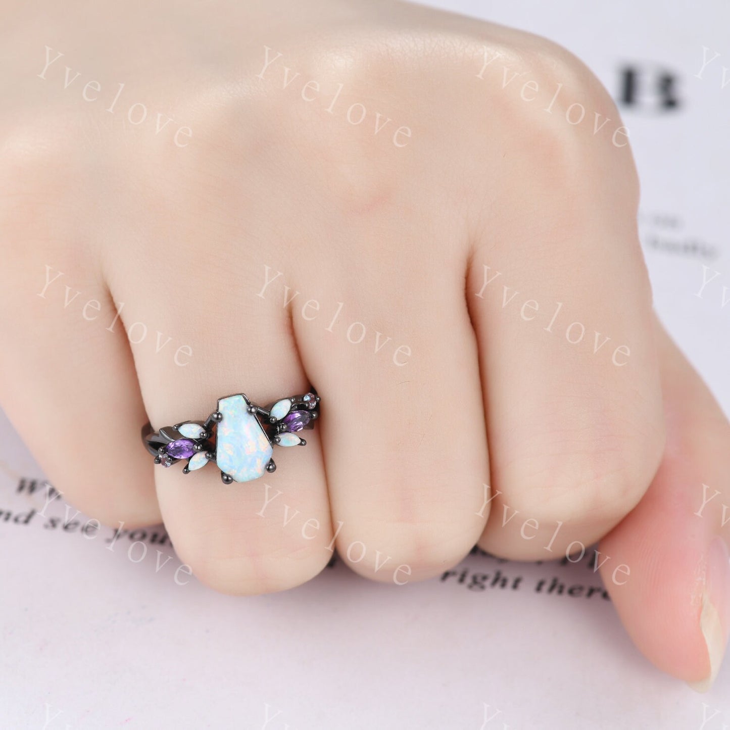 Vintage Coffin White Opal Engagement Ring,Black Gold,Vines Amethyst Opal Ring,Women Bridal Ring,Unique Twig Anniversary Promise Ring Gift