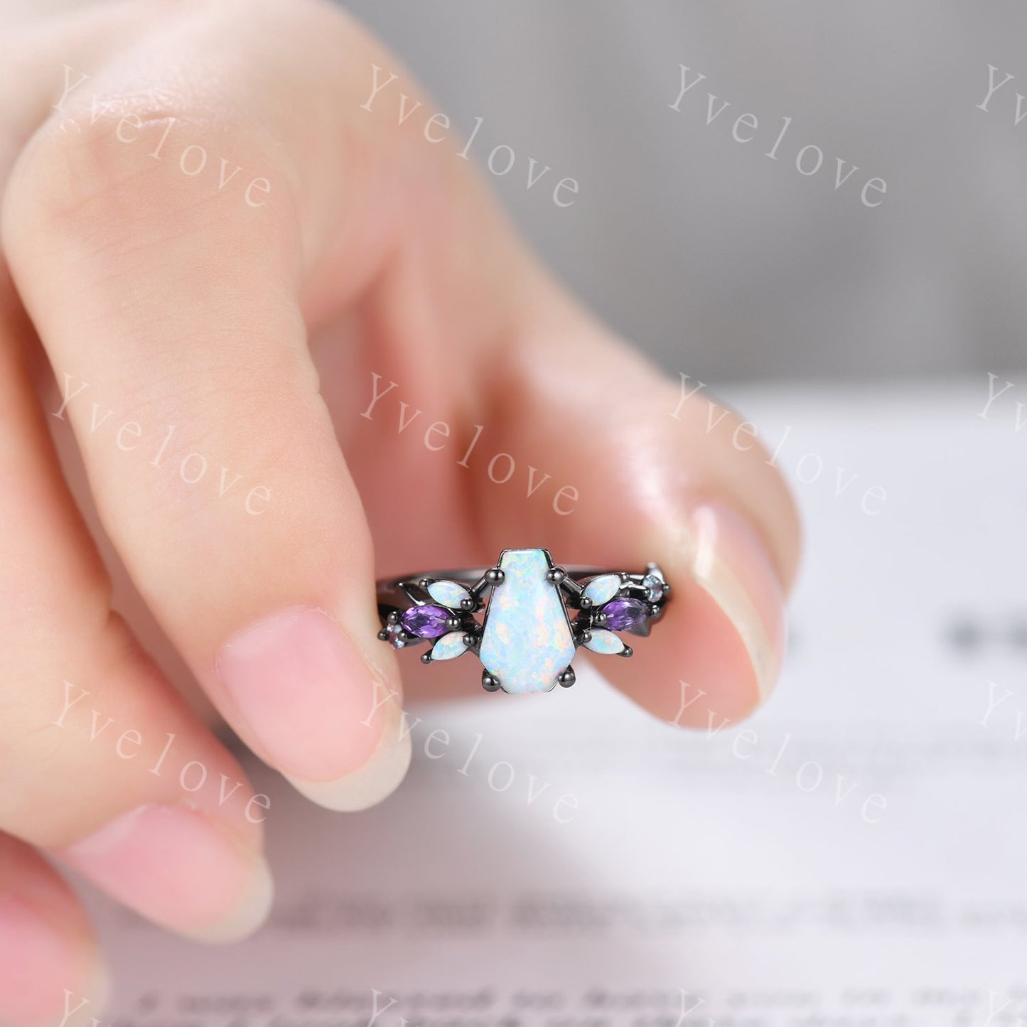Vintage Coffin White Opal Engagement Ring,Black Gold,Vines Amethyst Opal Ring,Women Bridal Ring,Unique Twig Anniversary Promise Ring Gift