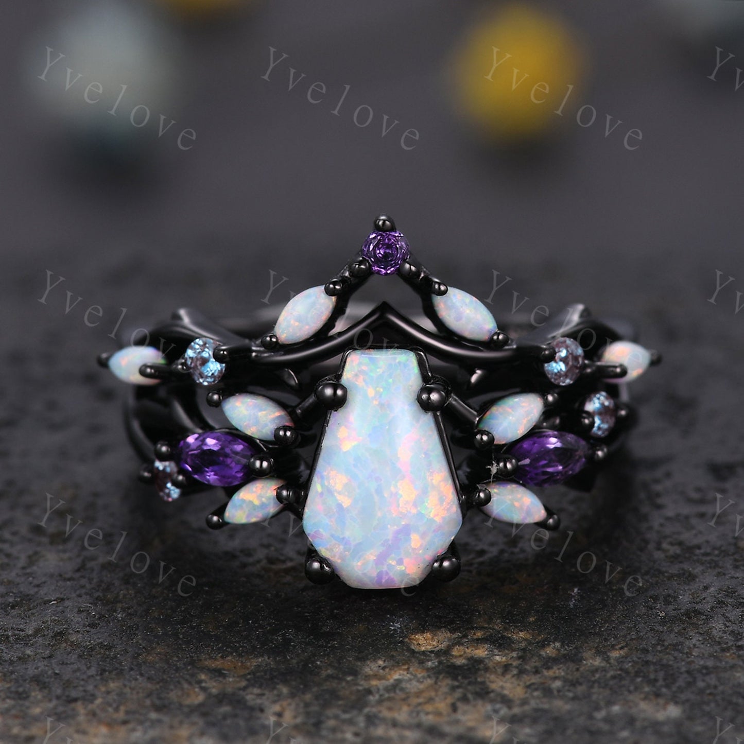 Vintage Coffin White Opal Engagement Ring Set,Black Gold,Vines Amethyst Opal Ring,Women Bridal Set,Unique Twig Anniversary Promise Ring Gift
