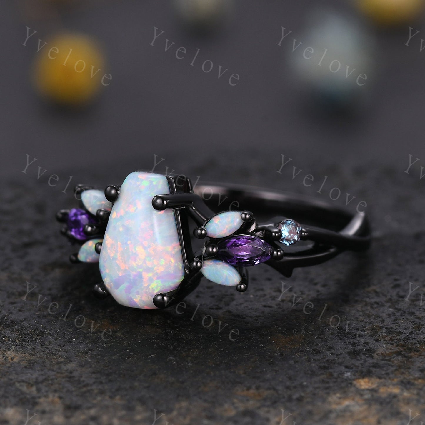 Vintage Coffin White Opal Engagement Ring,Black Gold,Vines Amethyst Opal Ring,Women Bridal Ring,Unique Twig Anniversary Promise Ring Gift