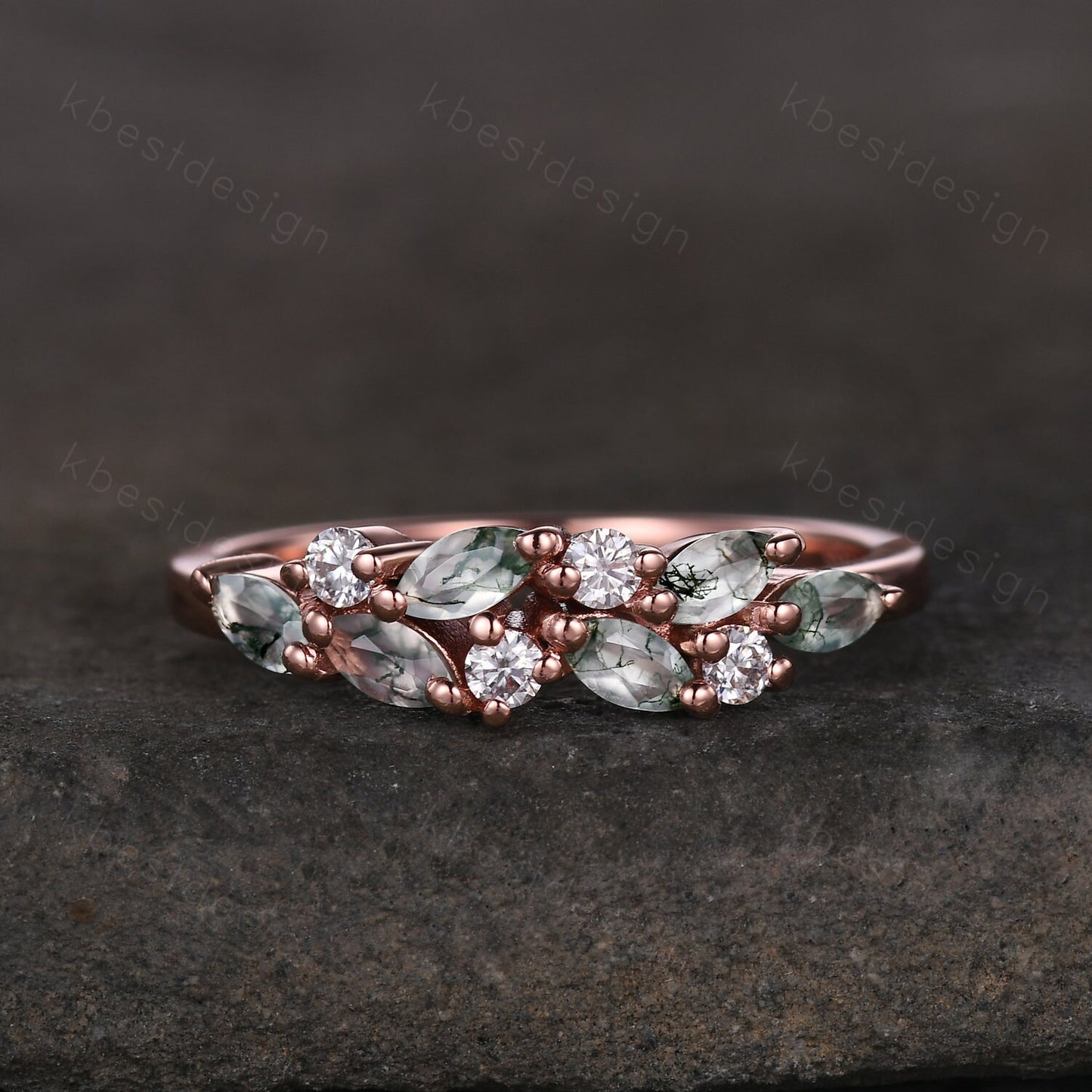 Moss agate cluster wedding band Unique marquise cut moss agate wedding band Vintage Moissanite ring Rose gold ring Anniversary gift for her