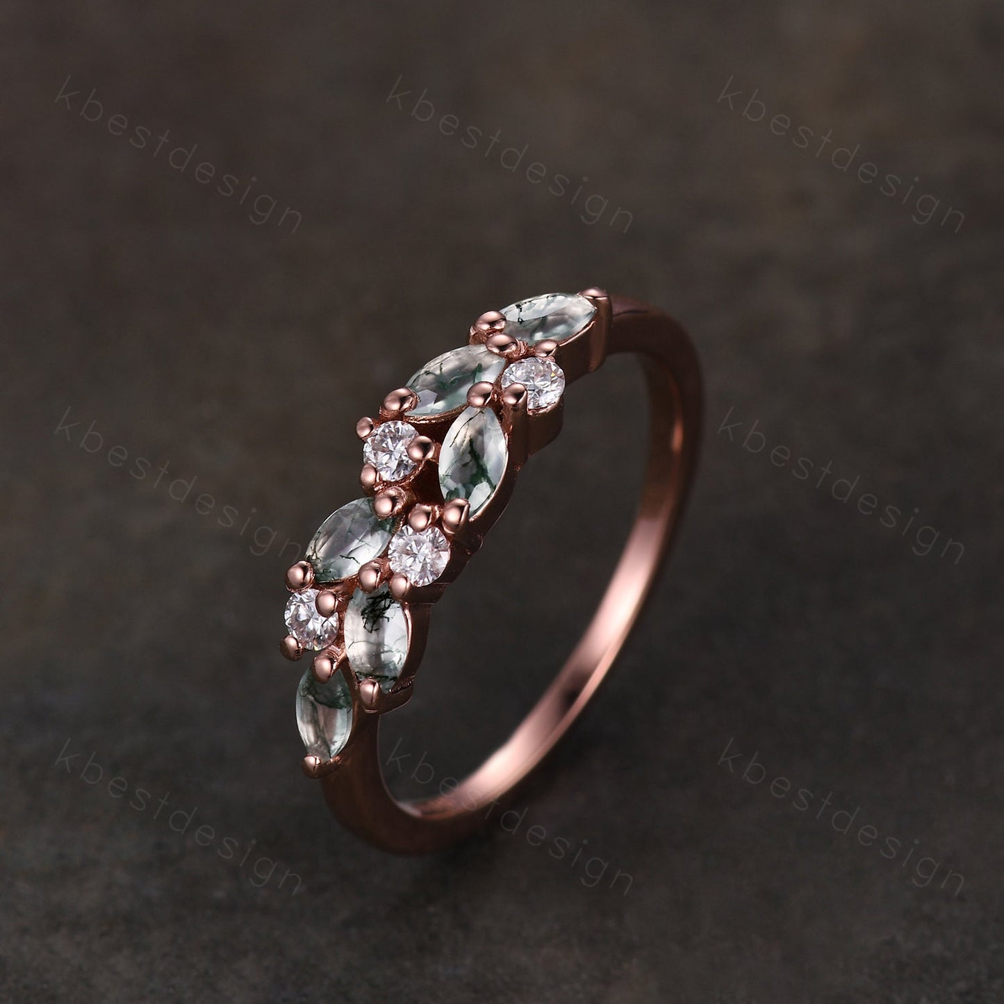 Moss agate cluster wedding band Unique marquise cut moss agate wedding band Vintage Moissanite ring Rose gold ring Anniversary gift for her