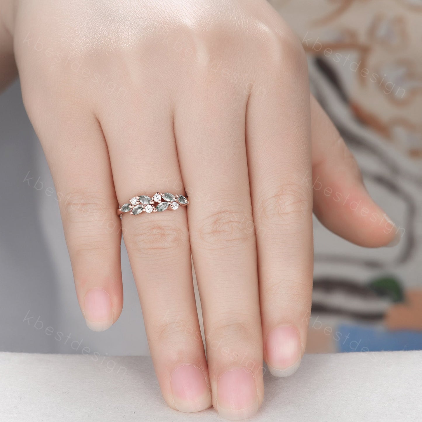 Moss agate cluster wedding band Unique marquise cut moss agate wedding band Vintage Moissanite ring Rose gold ring Anniversary gift for her