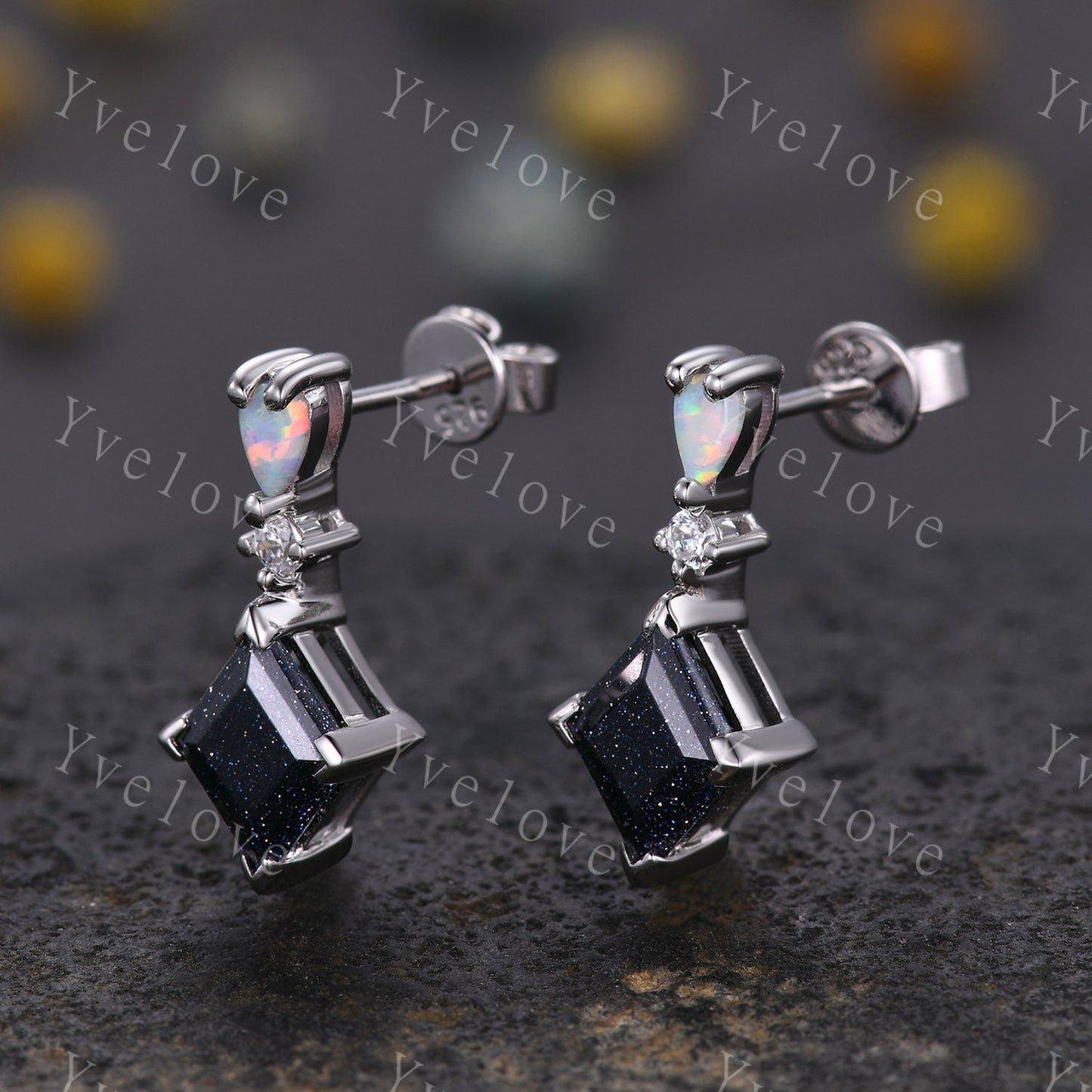 Unique Blue Sandstone Opal Earrings,Lozenge Cut Gems,Art Deco Diamond Delicate Dainty Drop Earrings,3 Stone Personalized Women Gift for Her