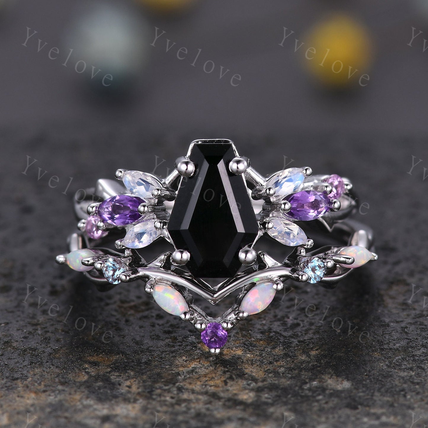 Vintage Coffin Black Onyx Engagement Ring Set,White Gold,Vines Amethyst Moonstone Ring,Women Bridal Set,Retro Anniversary Promise Ring Gift