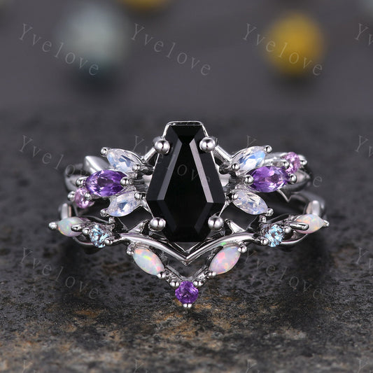 Vintage Coffin Black Onyx Engagement Ring Set,White Gold,Vines Amethyst Moonstone Ring,Women Bridal Set,Retro Anniversary Promise Ring Gift