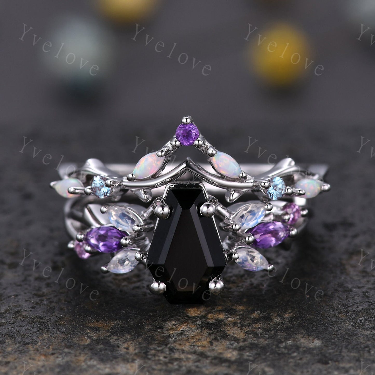 Vintage Coffin Black Onyx Engagement Ring Set,White Gold,Vines Amethyst Moonstone Ring,Women Bridal Set,Retro Anniversary Promise Ring Gift