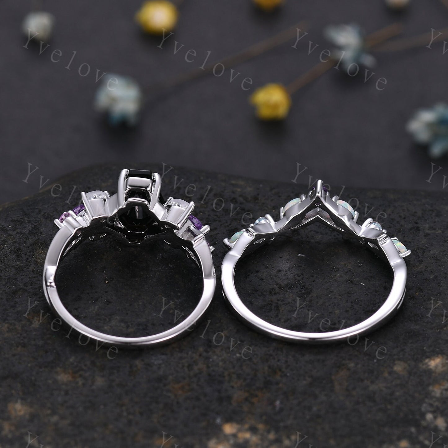 Vintage Coffin Black Onyx Engagement Ring Set,White Gold,Vines Amethyst Moonstone Ring,Women Bridal Set,Retro Anniversary Promise Ring Gift