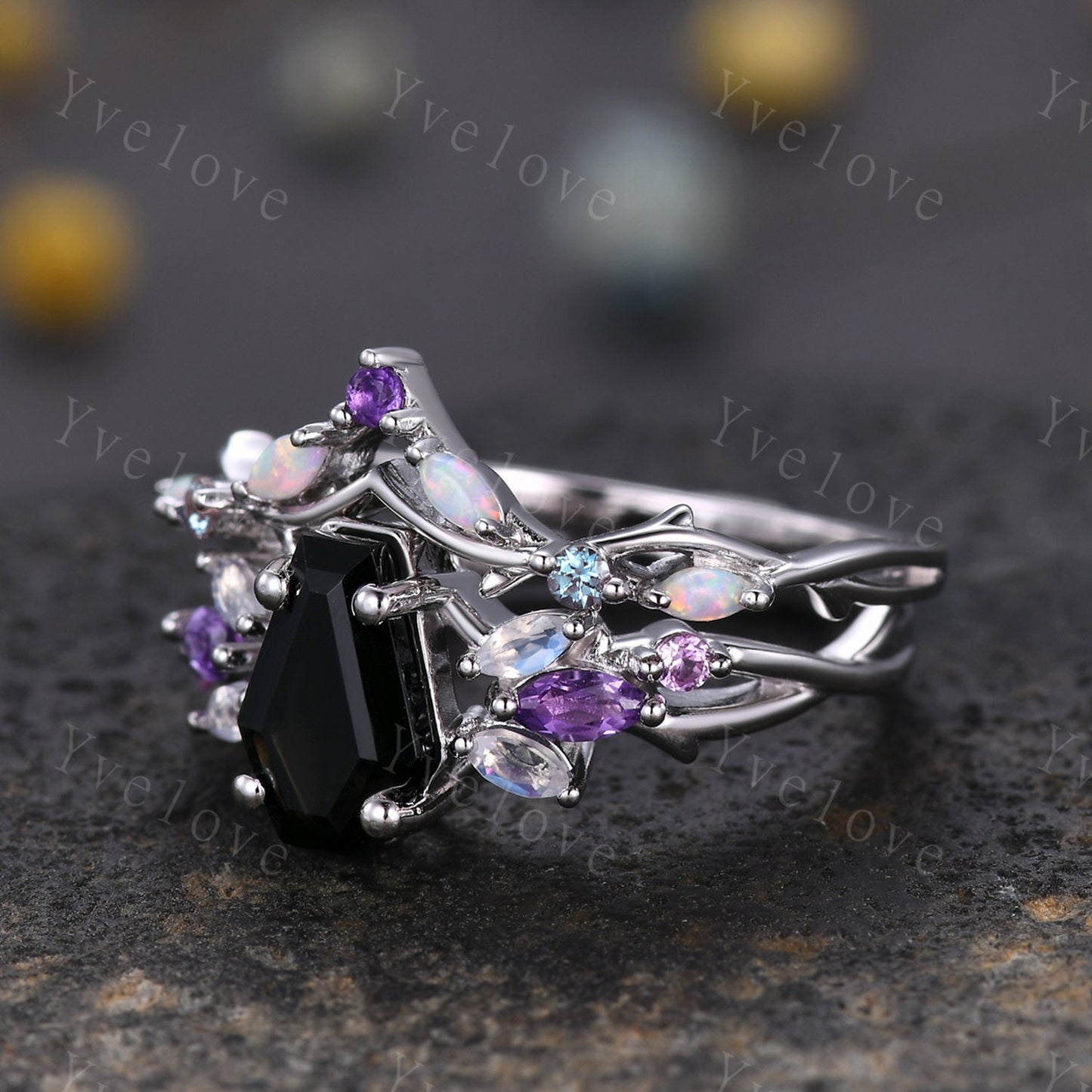 Vintage Coffin Black Onyx Engagement Ring Set,White Gold,Vines Amethyst Moonstone Ring,Women Bridal Set,Retro Anniversary Promise Ring Gift