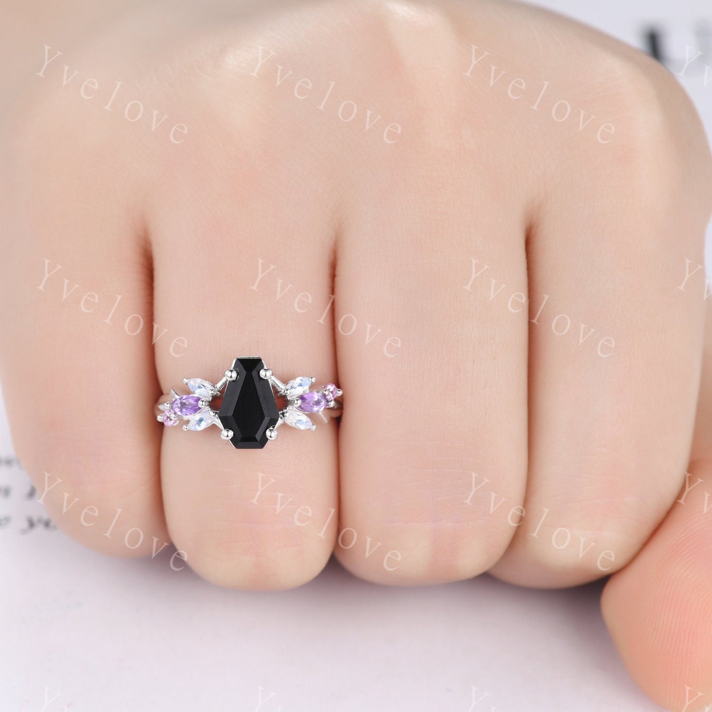 Vintage Coffin Black Onyx Engagement Ring Set,White Gold,Vines Amethyst Moonstone Ring,Women Bridal Set,Retro Anniversary Promise Ring Gift