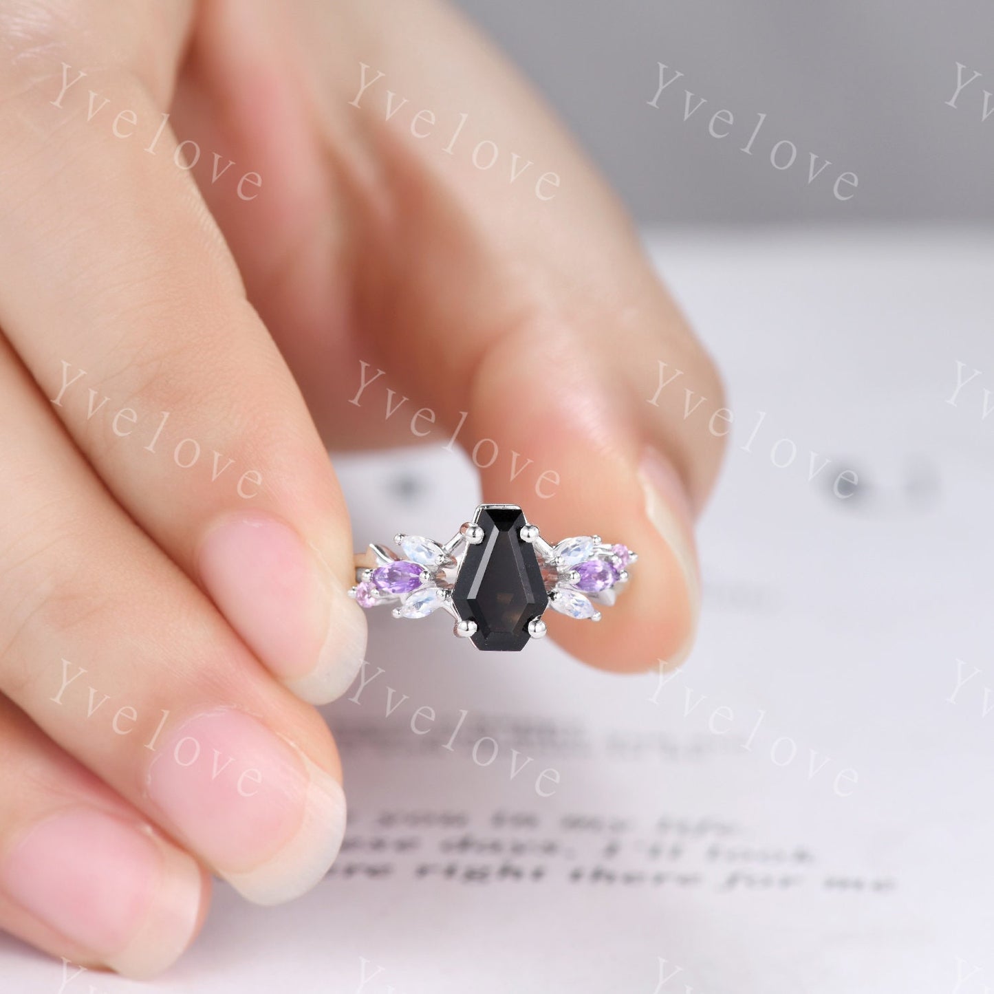 Vintage Coffin Black Onyx Engagement Ring Set,White Gold,Vines Amethyst Moonstone Ring,Women Bridal Set,Retro Anniversary Promise Ring Gift