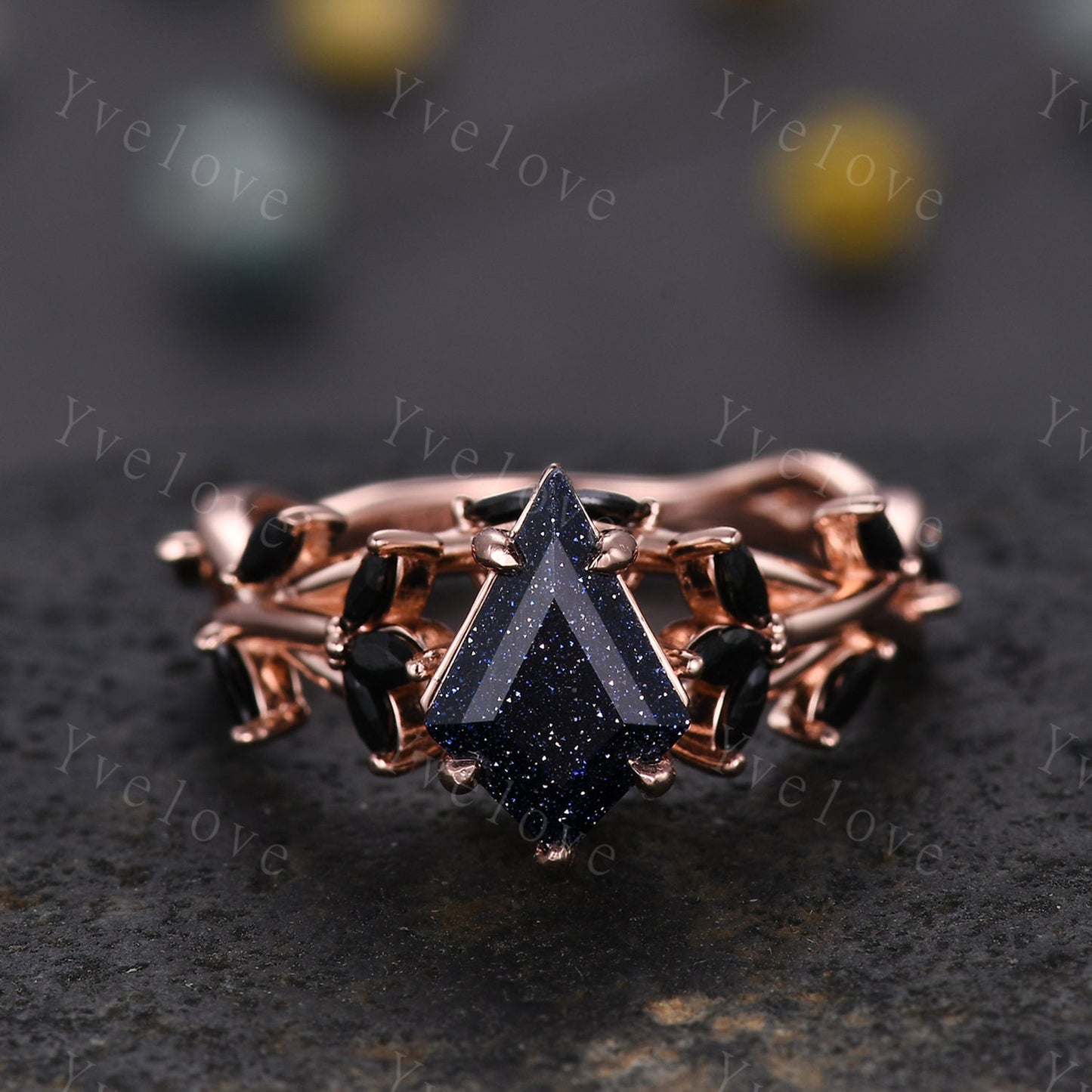 Kite cut blue sandstone engagement ring,flower leaf marquise black spinel,rose gold,unique vintage galaxy sandstone promise gift for women