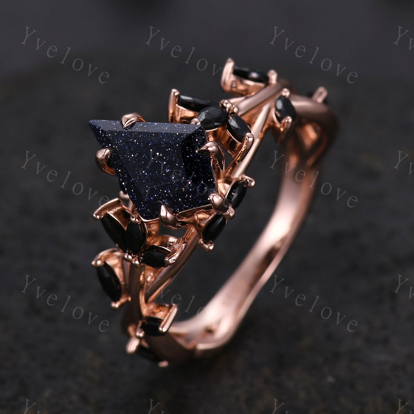 Kite cut blue sandstone engagement ring,flower leaf marquise black spinel,rose gold,unique vintage galaxy sandstone promise gift for women