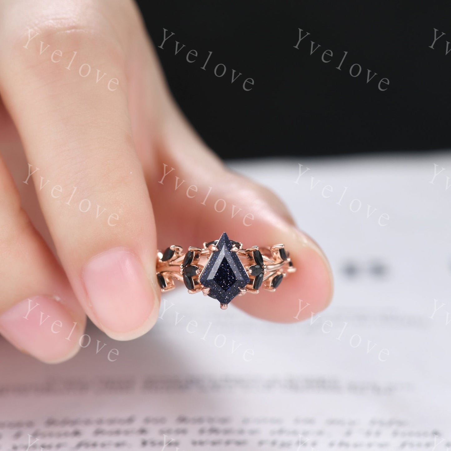 Kite cut blue sandstone engagement ring,flower leaf marquise black spinel,rose gold,unique vintage galaxy sandstone promise gift for women