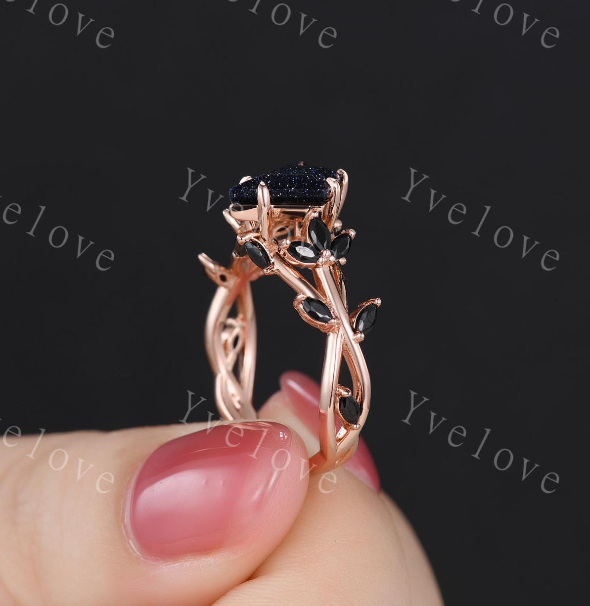 Kite cut blue sandstone engagement ring,flower leaf marquise black spinel,rose gold,unique vintage galaxy sandstone promise gift for women